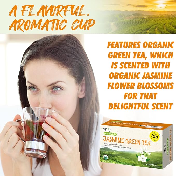 Fusion Organic Jasmine Green Tea - 200 Counts, Relaxing Jasmine Tea Bags, Floral Fragrance
