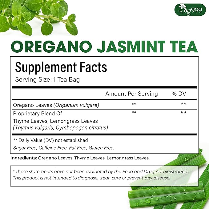 TOG999, Premium Oregano Herbal Tea with Jasmine-Like Notes ā 60 Tea Bags | Blend of Oregano, Thyme & Lemongrass | Caffeine-Free, Natural Flavor, Premium Quality Herbal Infusion