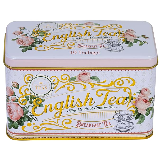 New English Teas English Rose Tea Tin with 40 English Breakfast Teabags
