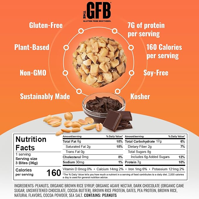 The Gluten Free Brothers Dark Chocolate Peanut Butter Bites - Gluten Free Protein Balls – Non GMO, Soy Free, Vegan – Snack Size Plant Based Protein Energy Balls, 1.2 oz (10 Count)