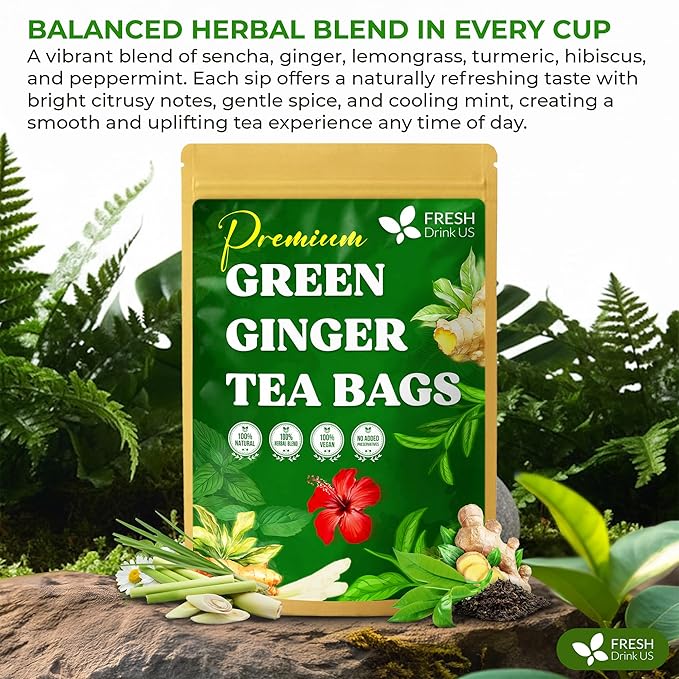 FreshDrinkUS, Premium Green Ginger Tea | 135 Tea Bags | Sencha Green Tea with Ginger, Lemongrass, Turmeric, Hibiscus & Peppermint | Natural Herbal Blend | Comfort & Refreshing, Vegan