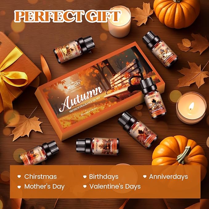 Autumn Essential Oils Set, 6 Premium Fall Fragrance Oils for Diffuser for Home, Aromatherapy Oils for Pumpkin Crunch Cake, Apple Pie, Flannel, Marshmallow, Magic,Leaves Scents for Soap Candle Making