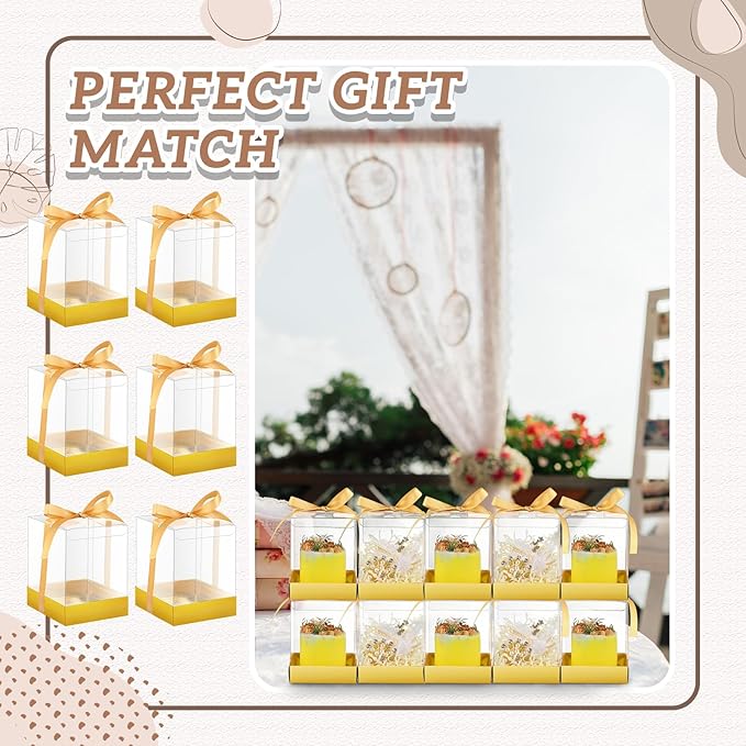 Cunno 36 Set 3. 5 x 3. 5 x 4. 3 in Transparent Candle Gift Box Packaging Box 4-18 oz Handmade Tealight Candle Holders Bulk Paper Bottom Cover with Ribbon for Wedding Baby Shower Party(Gold)