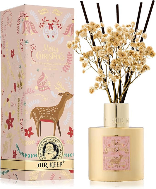Airkeep Christmas Reed Diffuser Set - 3.38 fl oz (100 ml) Christmas Cookie Oil Diffuser with 8 Reed Sticks, Home Fragrance for Bathroom Shelf Decor