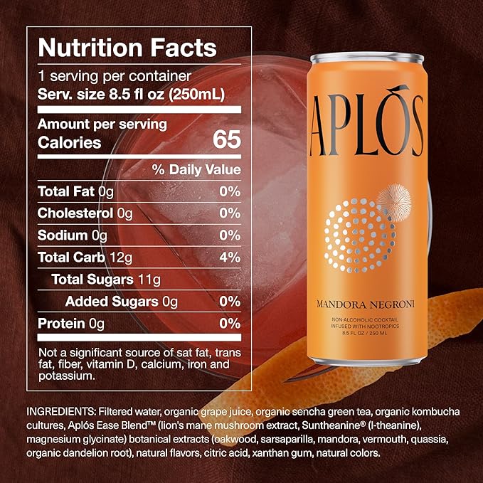 Aplós Mandora Negroni Non-Alcoholic Cocktail, Formulated with Lion’s Mane and Botanicals, Low Calorie, No Added Sugar Beverage (8.5 fl oz. 12-pack)