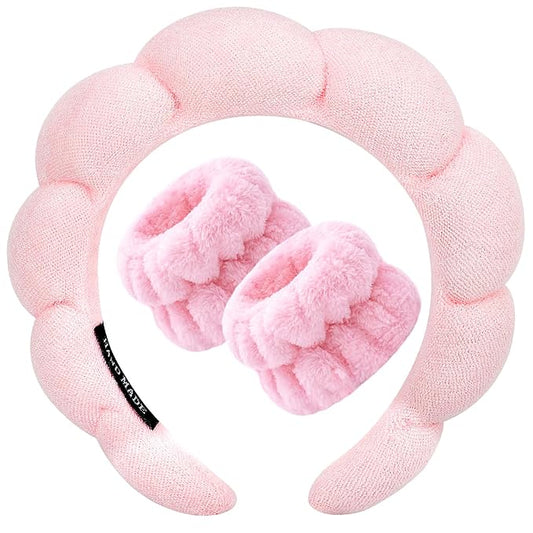 Zkptops Spa Headband for Washing Face Wristband Sponge Makeup Skincare Headband Terry Cloth Bubble Soft Get Ready Hairband for Women Girl Puffy Padded Headwear Non Slip Thick Hair Accessory(Pink)