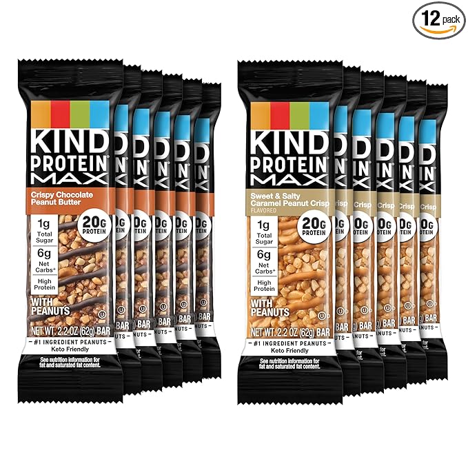 KIND Protein MAX Variety Pack, High Protein Bars, Keto Snacks, 1g Sugar, 20g Protein, (6) Crispy Chocolate Peanut Butter (6) Sweet & Salty Caramel Crisp, 12 Count Pack