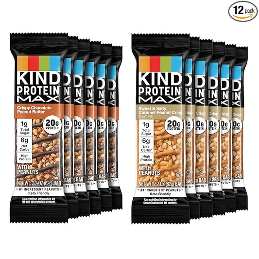 KIND Protein MAX Variety Pack, High Protein Bars, Keto Snacks, 1g Sugar, 20g Protein, (6) Crispy Chocolate Peanut Butter (6) Sweet & Salty Caramel Crisp, 12 Count Pack