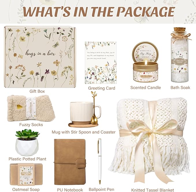 Birthday Gifts for Women, Get Well Soon Self Care Package Box, Sending Hug Baskets Thinking of You Inspirational Gift for New Mom Best Friend Birthday (Ivory)