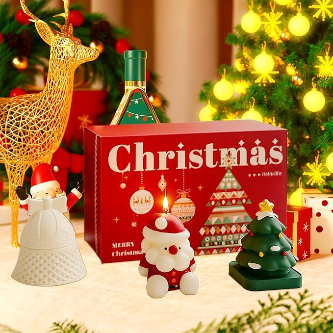Christmas Candles, Handmade Christmas Aromatherapy Candle Gift Set-3 Piece Set with Santa Claus,Christmas Tree & Bell Shaped Candles, Ideal Holiday Gift for Family, Friends