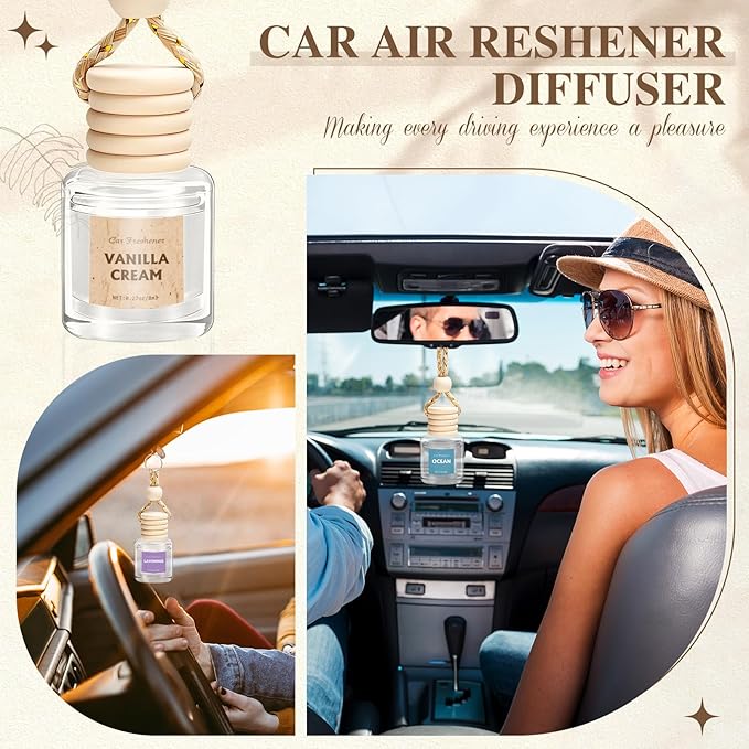 AROIC 4 Pack Car Air Freshener Hanging, Wooden Lid Essential Oil Air Freshener Hanging Car Diffuser, Natural Slow-Release Aroma for Auto Interior, Long-Lasting Fragrance Alternative to Spray Perfumes