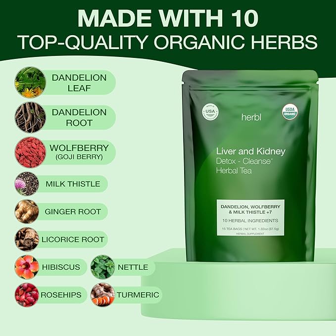 Organic Dandelion Wolfberry Tea - Kidney and Liver Detox Tea - Organic Liver Kidney Cleanse & Detox with Dandelion, Goji Berry, Milk thistle, Turmeric, Hibiscus and extra Herbal Ingredients