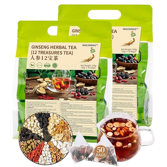 Premium Ginseng Tea - Natural Organic Kidney and Liver Detox Tea - 12 Herbal Blend with Goji Berry,Jujube, Longan, Mulberry & Maca - Caffeine & Sugar Free - 50 Individually Wrapped Pyramid Large Tea Bags (500g)