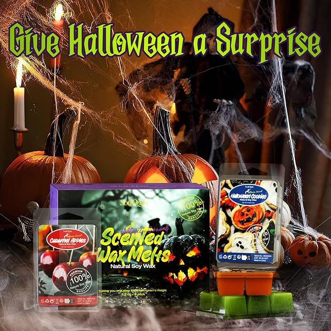 Halloween Scented Wax Melts, Scented Soy Wax Cubes Set for Caramel Apples, Pumpkin Pie, Candy Corn, Halloween Cookies, Chocolate Bars, Popcorn Balls, Caramel Corn, Halloween Gummy Candies