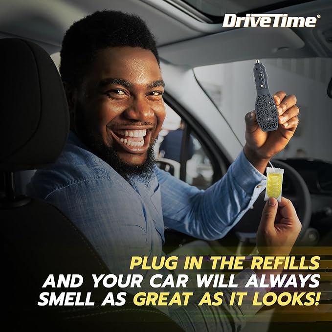 Drive Time Reusable 12V Plug-in Car Air Freshener – Power Fresh, Auto Shut-Off, Plug-In Convenience, No Batteries Needed – Includes 4 Scent Bars for Up to 30 Days of Freshness – Citrus Sky