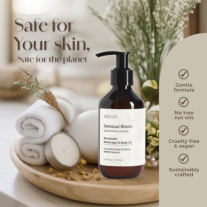 AiROM Jasmine & Lavender Massage Oil for Massage Therapy - Scented Body Oil for Women – Hypoallergenic, Relaxing Aromatherapy, Non-Greasy, Spa Quality, Nut-Free - 6.4 fl oz