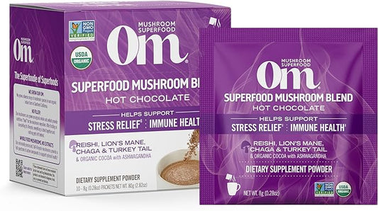 OM MUSHROOM SUPERFOOD Hot Chocolate Blend Mushroom Powder, Single Serve, 10 Count, Dutch Cocoa, 2g of Sugar, 25 Calories, Lion's Mane, Reishi, Chaga, Turkey Tail, Focus and Stress Support