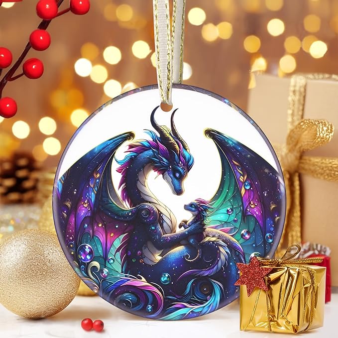 Dragon Ceramic Christmas Ornament, 3.5 Inch Hanging Decor for Tree, Gift Exchange Present