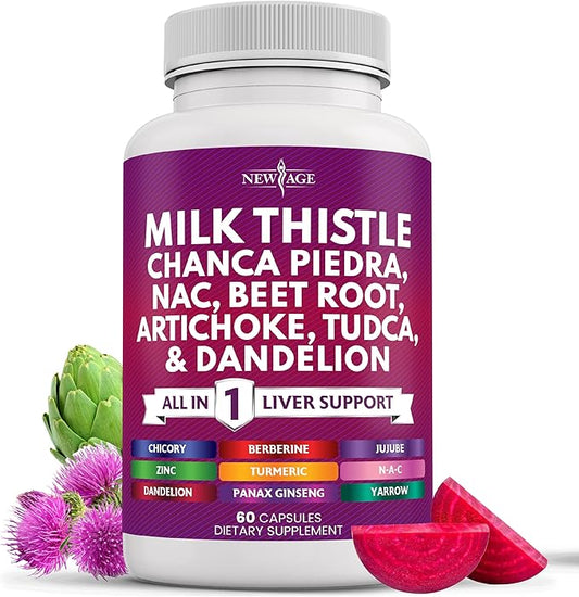 NEW AGE Milk Thistle NAC Chanca Piedra Beet Root Artichoke Dandelion Root Astragalus - Plus TUDCA & Ginger - 60 Count