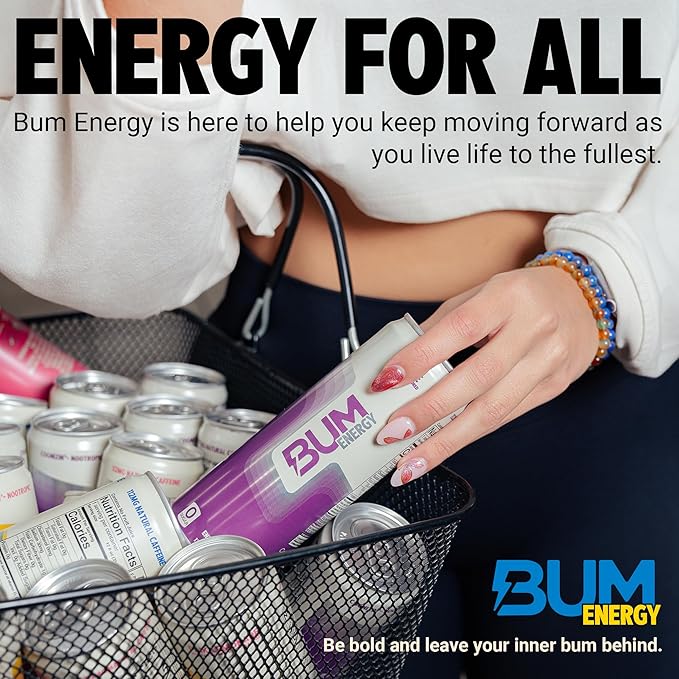 BUM Sugar-Free Energy Drink, Blueberry Lemonade - Lightly Carbonated & No Artificial Colors, Natural Caffeine & Citicoline for Energy & Focus, Brain Boost & Workout Sports Beverage - 12 oz, Pack of 12