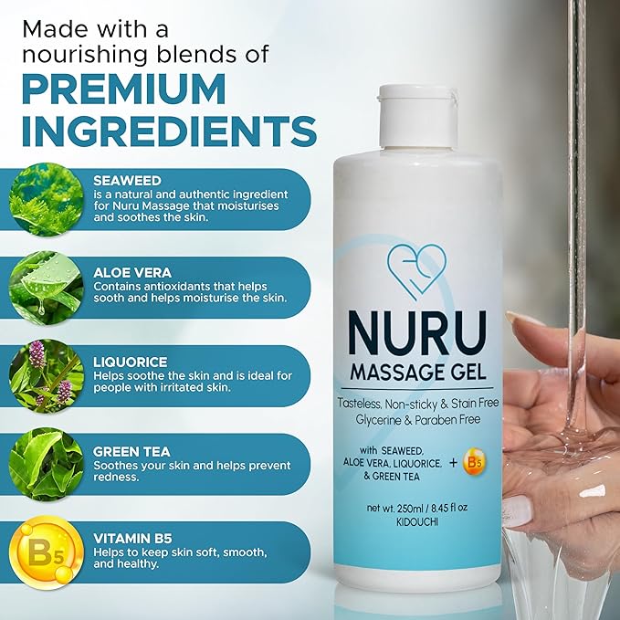 Nuru Massage Gel (8.45 fl oz) | Water-Based | Paraben & Glycerine Free | Formulated with Natural Seaweed, Green Tea, Liquorice Extract, Vitamin B5, & Organic Aloe Vera