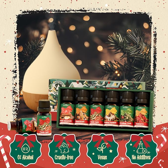 Christmas Fragrance Oil Set, SNOWSEN Winter Essential Oils for Diffuser & Aromatherapy, Apple Cinnamon, Christmas Pudding, Candy Cane, Gingerbread, Cranberry Scented Oil for Candle Making