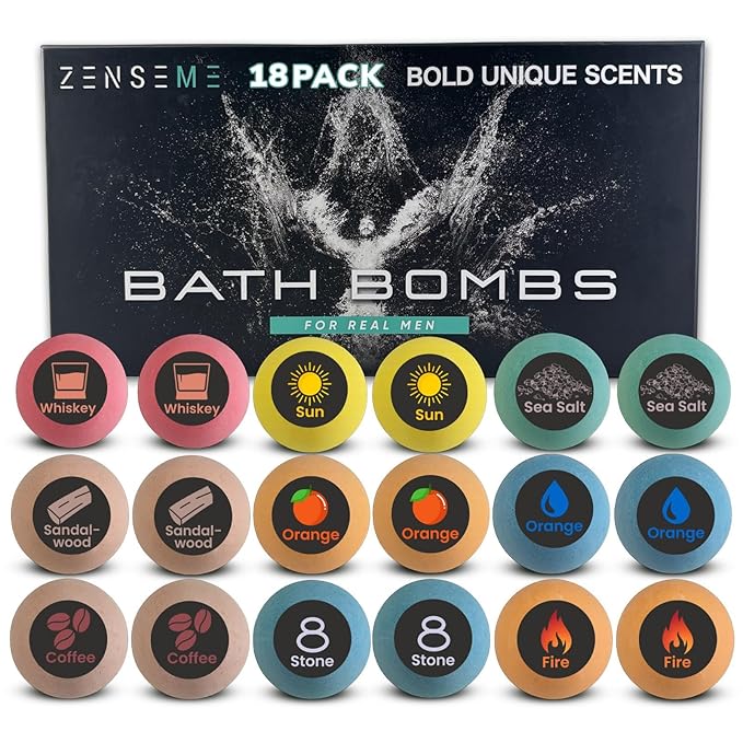 Bath Bombs for Men - Gift Set of 18 Strong Scented Handmade Natural Bath Bombs of 2.5 oz w/Essential Oils, Unique Manly Strong Scents, for Boyfriend, Husband, Father - 18 Pack