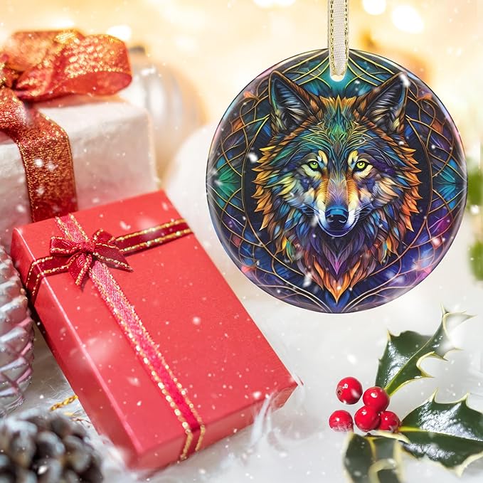 Ceramic Wolf Hanging Ornament - Christmas Tree Decor - Gifts for Wolf Lovers
