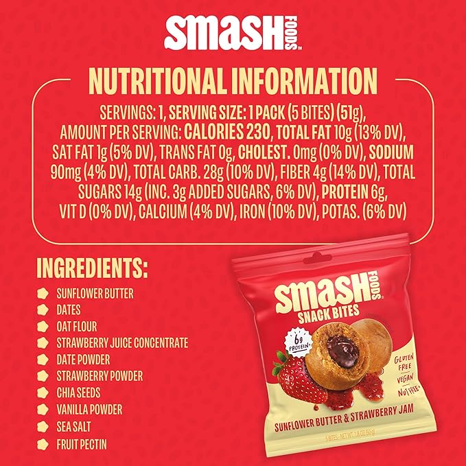 Smash Foods Strawberry Energy Bites | 5 Gluten-Free Vegan Snack Balls with No Sugar Added | 6g Protein, Superfood Jam, Chia Seeds | On-the-Go Convenience | Sunflower Butter & Strawberry | 8 Packs