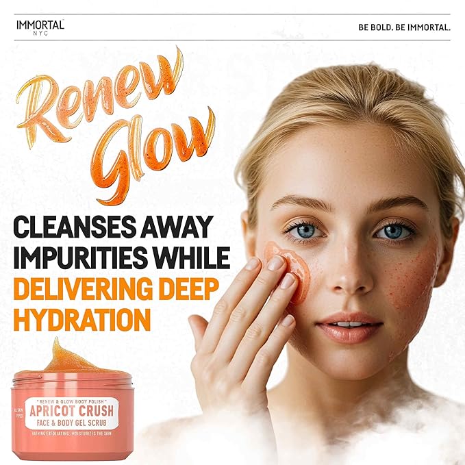 Immortal NYC Apricot Crush Face & Body Scrub Mask Gel- Moisturizing and Exfoliating Body, Face, Hand, Foot Scrub - Fights Acne, Fine Lines & Wrinkles, Great Gifts For Women & Men - 10 oz