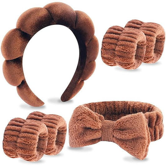 VELSCRUN Spa Headband, Makeup Face Wash Skincare Headbands, 6 Pcs Coffee Color Sponge Bow Tie Get Ready HairBand Facial Wristband Set, Stuff for Teen Girls Women Trendy Fashion Hair Accessories