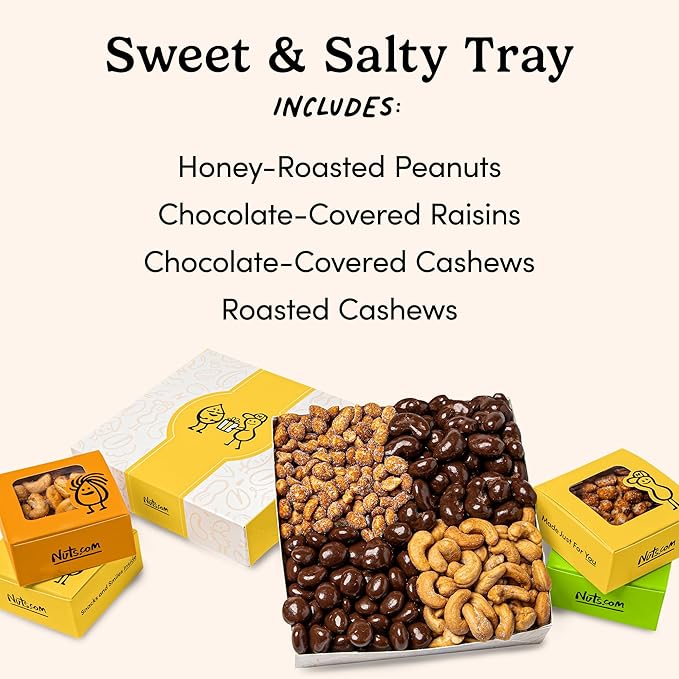 Nuts.com – Sweet and Salty Gift Tray for Fall, Thanksgiving and Festive Gifts — Healthy Snack Sampler Box, 1.25 Lbs of Roasted Cashews, Peanuts, Chocolate-Covered Raisins
