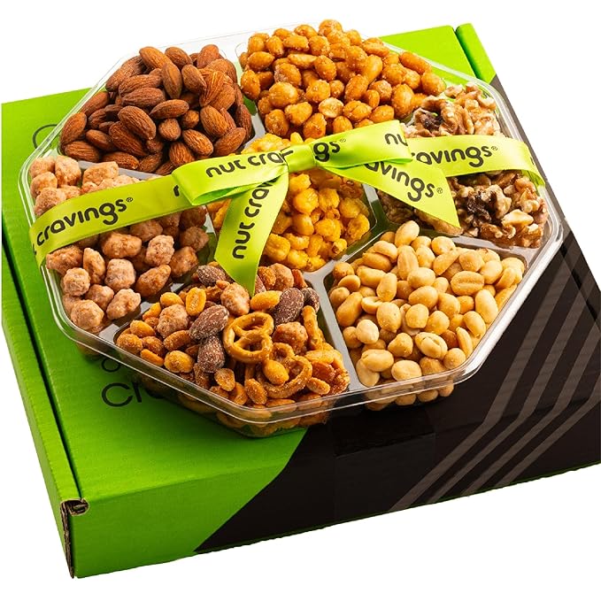 NUT CRAVINGS - Diwali Sweets Hamper Mixed Nuts Gift Basket + Green Ribbon Classic (7 Assortments, 1 LB) Food Arrangement, Healthy Snack Care Package, Food Assortments