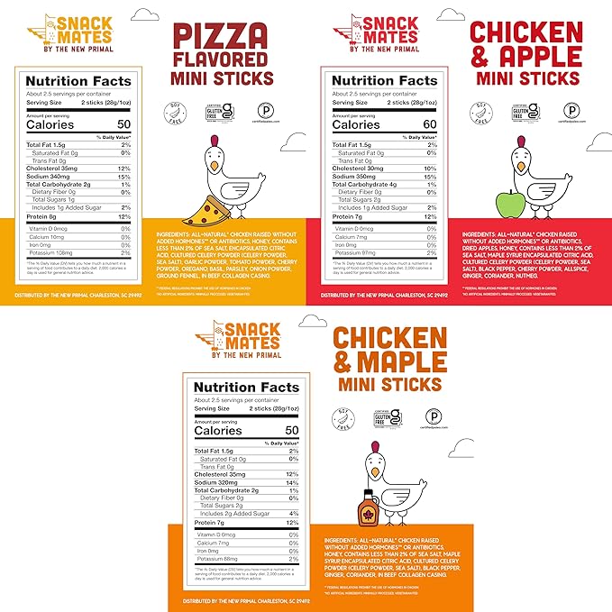 Snack Mates by New Primal Sampler Three Flavor Pack, Mini Chicken Sticks, High Protein and Low Sugar Kids Snack, Certified Gluten Free, Soy Free, Certified Paleo, Lunchbox Friendly, 15 Count