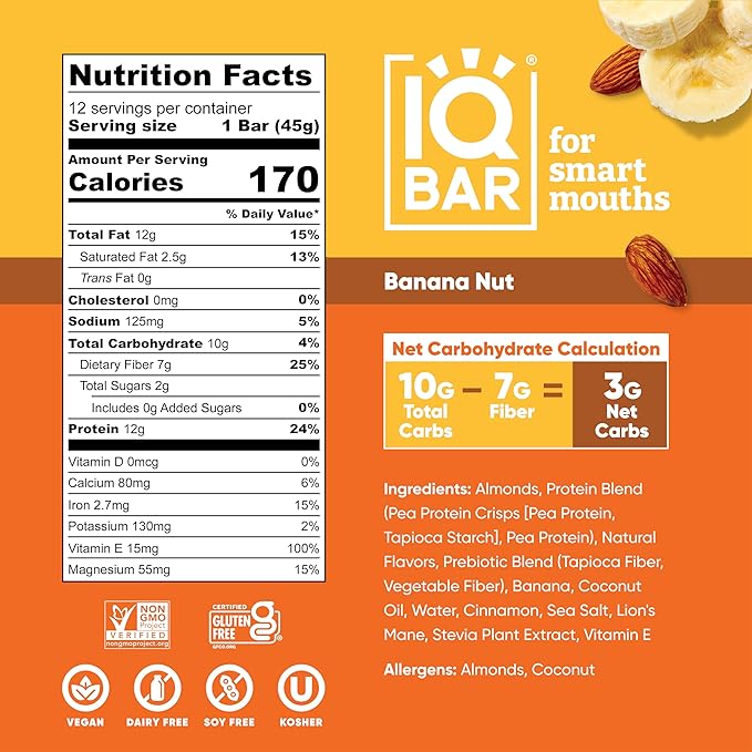IQBAR Brain and Body Plant Protein Bars - Banana Nut - 36-Count - Keto, Vegan, Low Carb, High Fiber, Gluten Free, Dairy Free, Low Sugar Snack with Nutrients for Focus, Energy, Meal Replacement