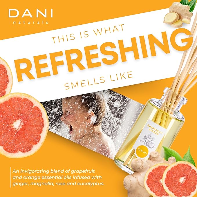 DANI Naturals Reed Diffuser Set - Fresh Grapefruit Ginger Scent - Aromatherapy Essential Oils - Alcohol-Free, Non-Toxic, Eco-Friendly - 10 Sticks - 3.5 oz