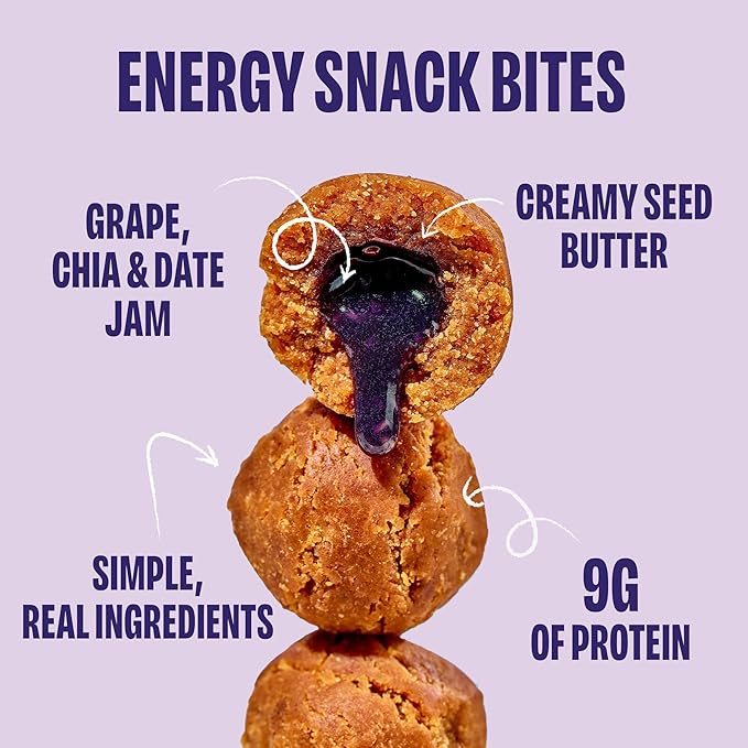 Smash Foods Grape Energy Bites | 5 Gluten-Free Vegan Snack Balls with No Sugar Added | 8g Protein, Superfood Jam, Chia Seeds | On-the-Go Convenience | Peanut Butter & Grape | 8 Packs