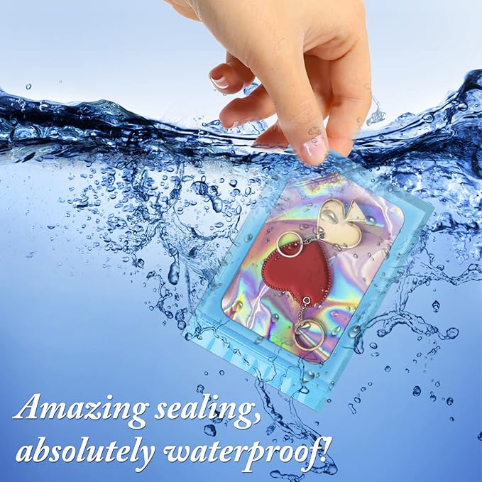 100 Pieces Smell Proof Mylar Resealable Bags, Holographic Packaging Bags, Resealable Odor Foil Pouch Zip Bag with Clear Window for Food Storage and Lipgloss, Jewelry Lash (Blue, 4.3 x 7.5 Inch)