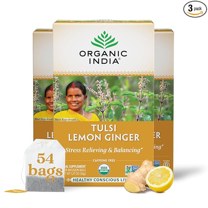 ORGANIC INDIA Tulsi Lemon Ginger Tea Bags - Herbal Tea, Stress Relieving & Reviving, Immune Support, Aids Digestion, Vegan, USDA Certified Organic, Non-GMO, Caffeine-Free - 18 Infusion Bags, 3 Pack