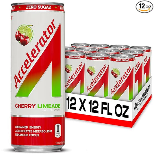 Accelerator Energy Drink Sugar Free, Cherry Limeade 12oz can(12 pack)Zero Sugar Energy Drinks with Sustained Energy from 100% Natural Caffeine (200mg) & Green Tea extract