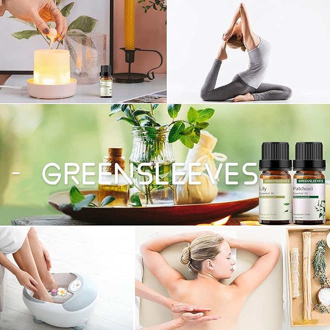 GREENSLEEVES Patchouli Lily Essential Oil Set, 2 x 10ml Pure Plant-Based Fragrance Oil for Aromatherapy, Essential Oils for Diffuser, Massage, Bath Bomb, Scented Candle Soap Making