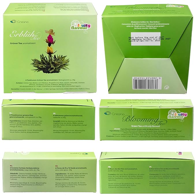 Creano Tea Flowers Mix - Blooming Green Tea, Fruity Flavoured (Roses in 6 Varieties), Flowering Set