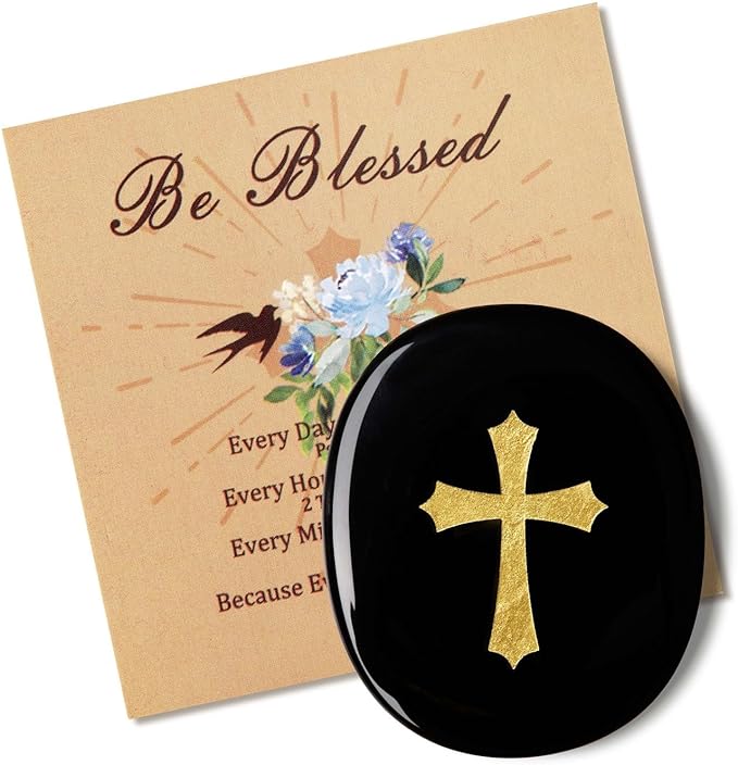 LAIDANLA Black Obsidian Cross Engraved Healing Crystal Worry Stones for Pray Faith Anxiety Relief Oval Palm Stone Polished Natural Crystal Gifts