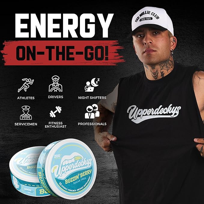 Upperdeckys, Buzzin Berry Caffeine Energy Pouches - Free Replacement and Alternative for Focus and Energy - Sugar Free Nootropic Pouches, Made in the USA and Delicious Flavor (4-Pack, 200mg)