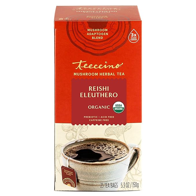 Teeccino Reishi Eleuthero Tea - French Roast - Organic Mushroom Adaptogenic Herbal Tea, 3x More Herbs than Regular Tea Bags, Caffeine Free, Chicory Prebiotic - 25 Tea Bags