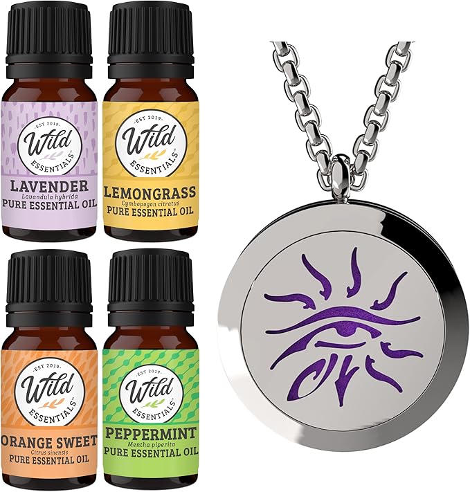 Wild Essentials Wisdom Eye Necklace Essential Oil Diffuser Kit with Lavender, Lemongrass, Peppermint, Orange Oils, 12 Refill Pads, Calming Aromatherapy Gift Set, Customizable Color Changing, Perfume