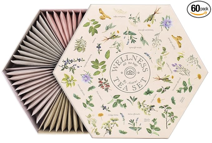 ACORUS Wellness Tea Set – Natural Herbal Tea Variety Pack, Gift Set of 6 Different Teas, 60 Bags Individually Wrapped, Herbal Sampler Box, Harmonious Balance of Taste & Aroma