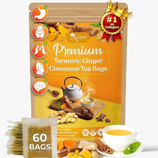 60 Bags Premium Turmeric Ginger Cinnamon Tea, Improve Digestion, Support Brain, Weight, Skin and Sleep, Eco-Conscious Tea Bags and Premium Natural Ingredients. Turmeric Ginger Herbal Tea. No Sugar, No Caffeine, No Gluten, Vegan.