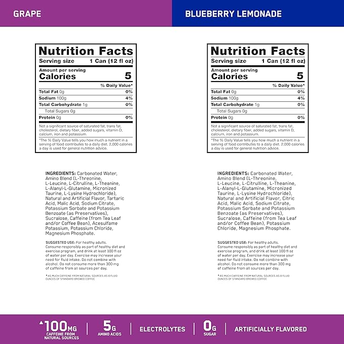 Optimum Nutrition Amino Energy Sparkling Hydration Drink, Electrolytes, Caffeine, Amino Acids, BCAAs, Sugar Free, 12 Fl Oz, Variety Pack of 12 (Packaging May Vary)