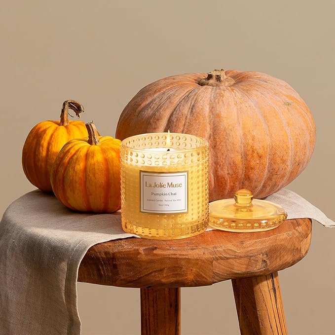LA JOLIE MUSE Fall Candles – Pumpkin Candle with Spicy Chai & Vanilla | 10 oz Soy Wax Candle | 55 Hours Clean Burn | Autumn Home Décor & Hosting Gift